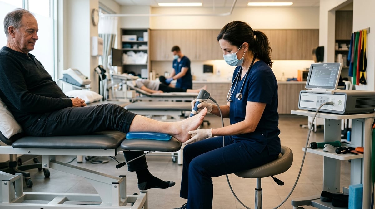 A medical professional administering shockwave therapy on a patient's foot in a clinical setting, with modern medical equipment